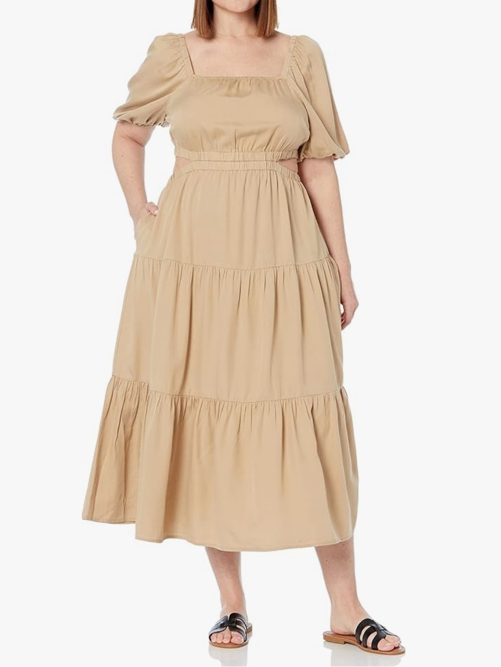 The Drop Anaya Square Neck Cut Out Tiered Maxi Dress in Beige